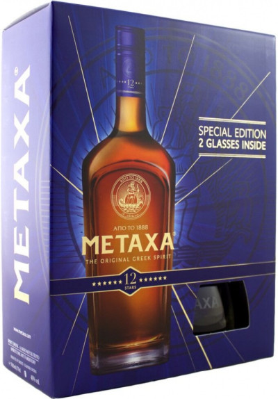 Метакса 12 лет в подарочной упаковке с двумя бокалами фото