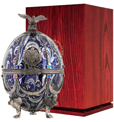 Императорская Коллекция Графин Яйцо Фаберже (серебряного цвета с синими цветами) в деревянной коробке с 4 стопками фото
