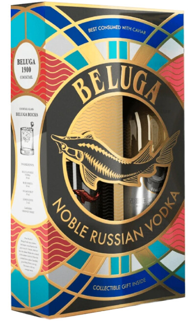 Белуга Нобл в подарочной упаковке со стаканом хайбол с цветной рыбкой фото
